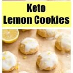 keto lemon cookies with a lemon glaze on parchment paper and lemon halves
