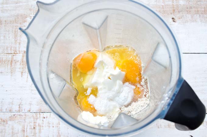 Almond flour, eggs and cream cheese in a blender.