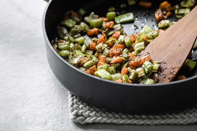 Chopped vegetables in a pan.