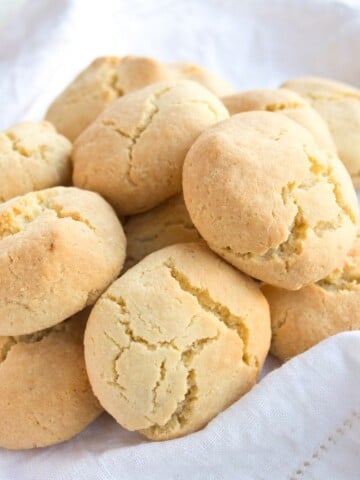 almond flour biscuits aka speedy savoury scones heaped on a white cloth