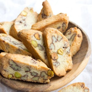 keto biscotti made with almond flour and nuts in a wooden bowl