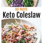 keto coleslaw on a plate and coleslaw ingredients such as cabbage and carrot on a wooden chopping board