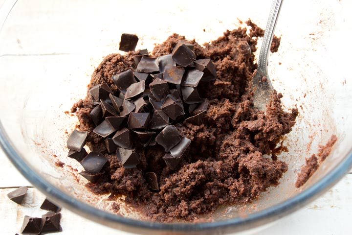 chocolate cookie dough plus chocolate chips in a bowl and a fork