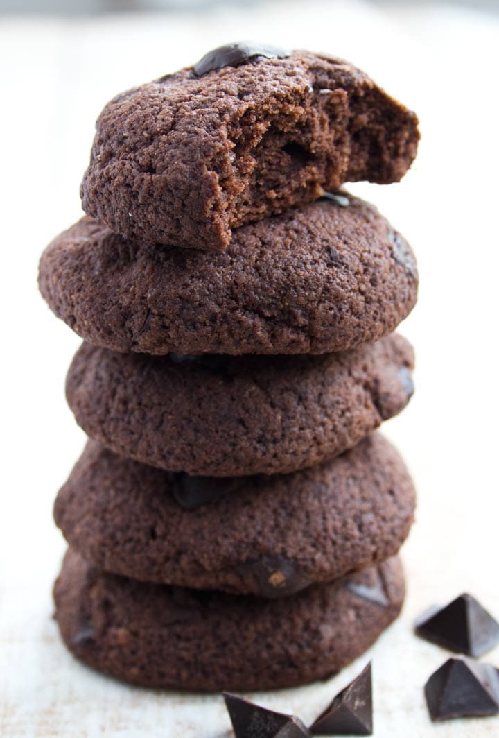 a stack of chocolate cookies with chocolate chips