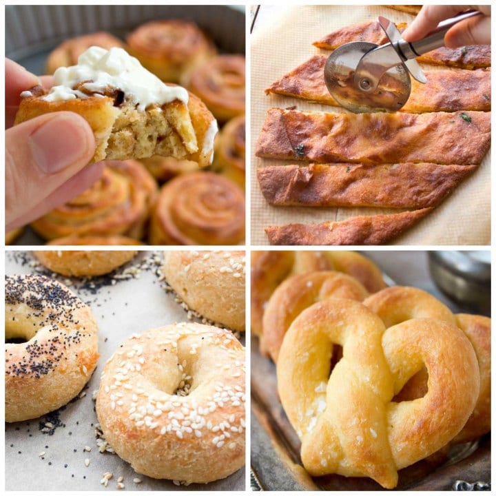 4 low carb recipes with fathead dough - cinnamonrolls, garlic bread, bagels, pretzels