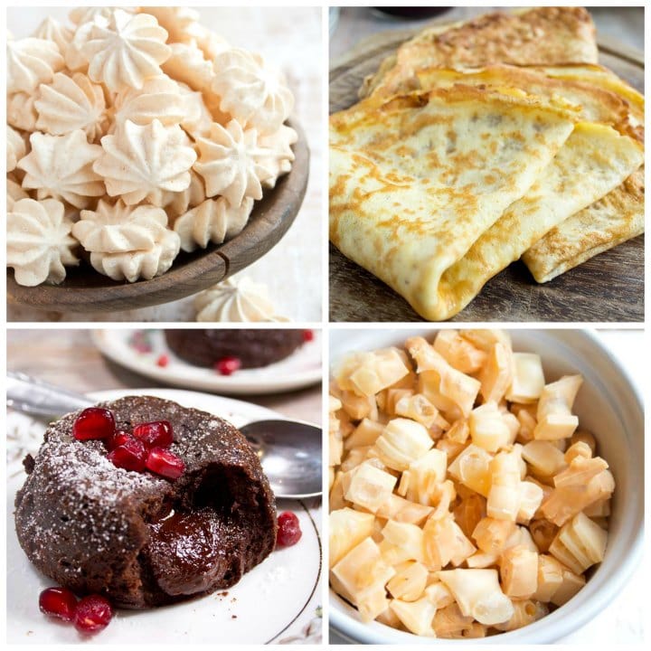 a collage with sugar free meringues, crepes, lava cake and keto popcorn