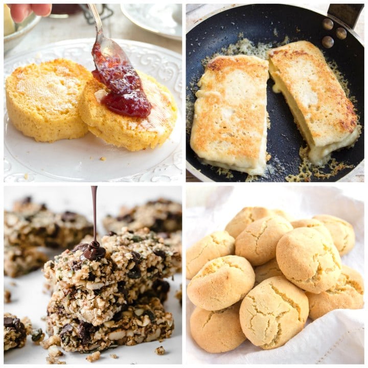 muffins, cheese toastie, keto granola bars and almond flour biscuits