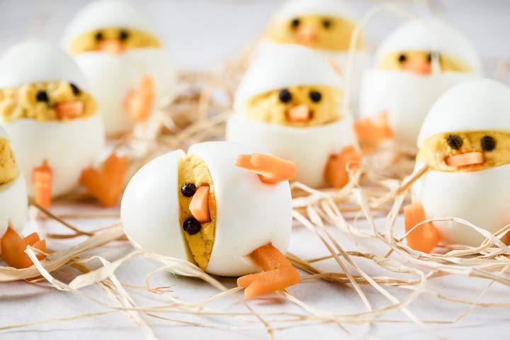 devilled egg chicks with carrot beaks and feet and straw