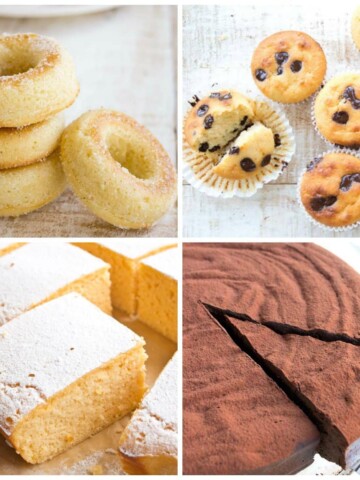 a collage of sugar free donuts, chocolate chip muffins, lemon cake bars and a chocolate cake
