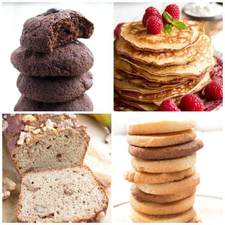 a collage of chocolate and sugar cookies, pancakes and banana bread