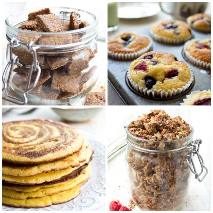 cinnamon crunch cereal, muffins, a stack of pancakes and low carb granola in a jar