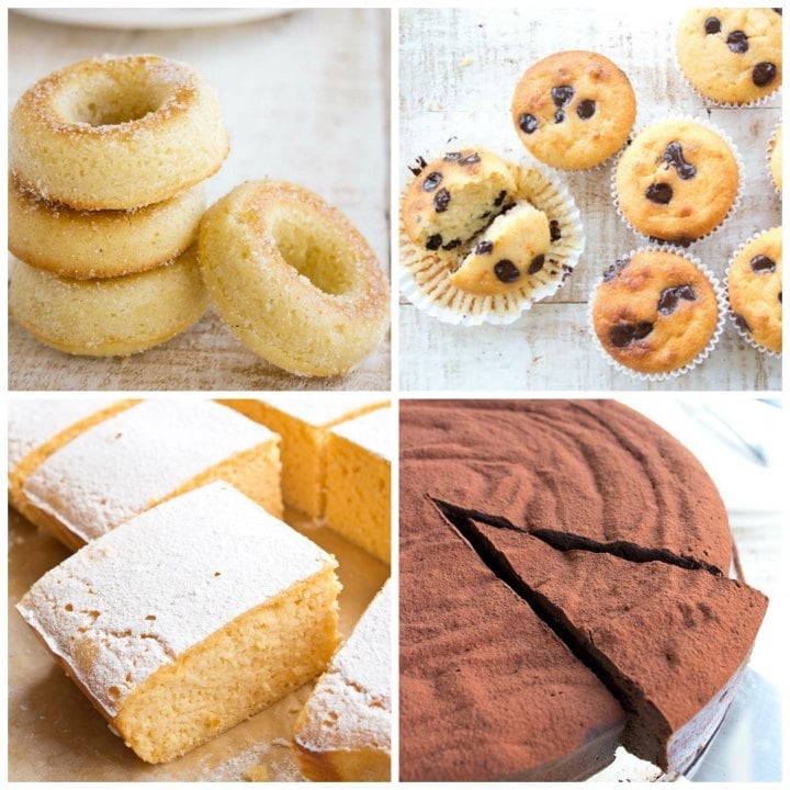 low carb donuts, chocolate chip muffins, lemon bars and a chocolate cake