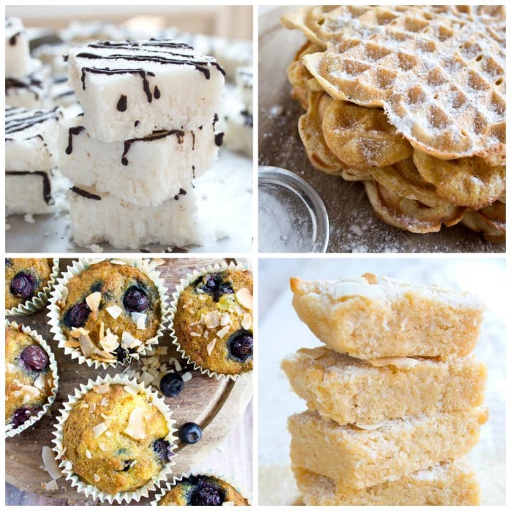 a stack of coconut bars, waffles, blueberry muffins and coconut blondies