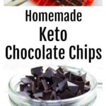 a glass jar with homemade keto chocolate chips and a pyramid silicone mat with liquid chocolate and a spatula