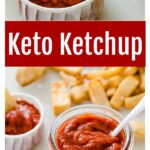 keto ketchup in a glass jar with a spoon and turnip fries scattered around it