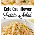 a bowl with cauliflower potato salad and a spoon with mock potato salad