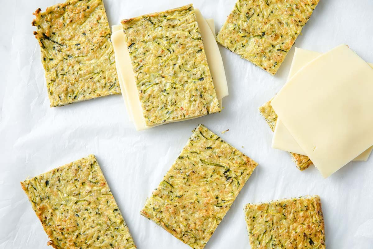 zucchini "bread" sliced with cheese slices