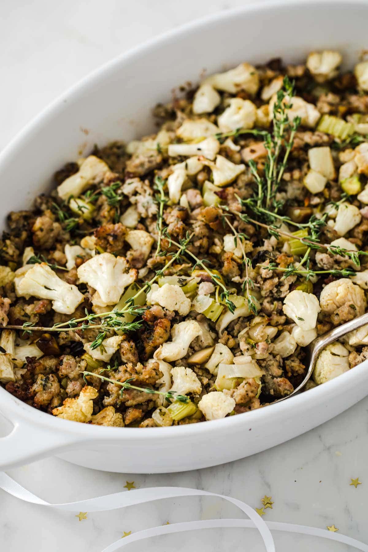 a casserole with cauliflower sausage stuffing