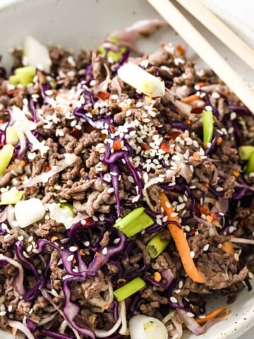 keto crack slaw made from ground beef and stir fried cabbage mix on a plate