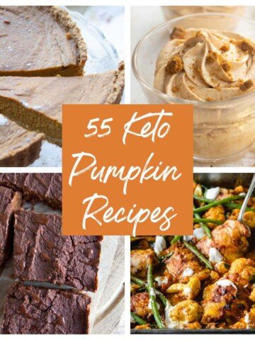 a collage of 3 sweet and 1 savoury keto pumpkin dishes