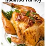 A roasted turkey on a plate.