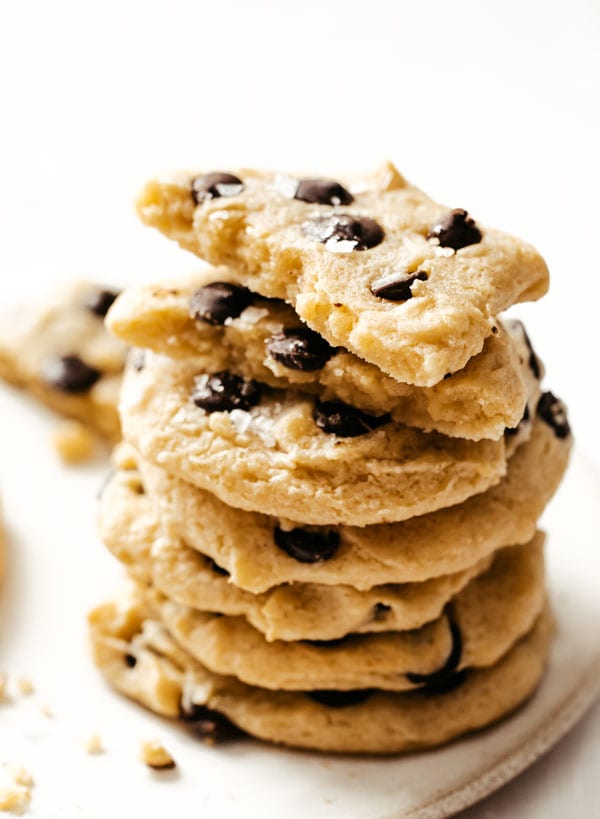 a stack of salted chocolate chip cookies