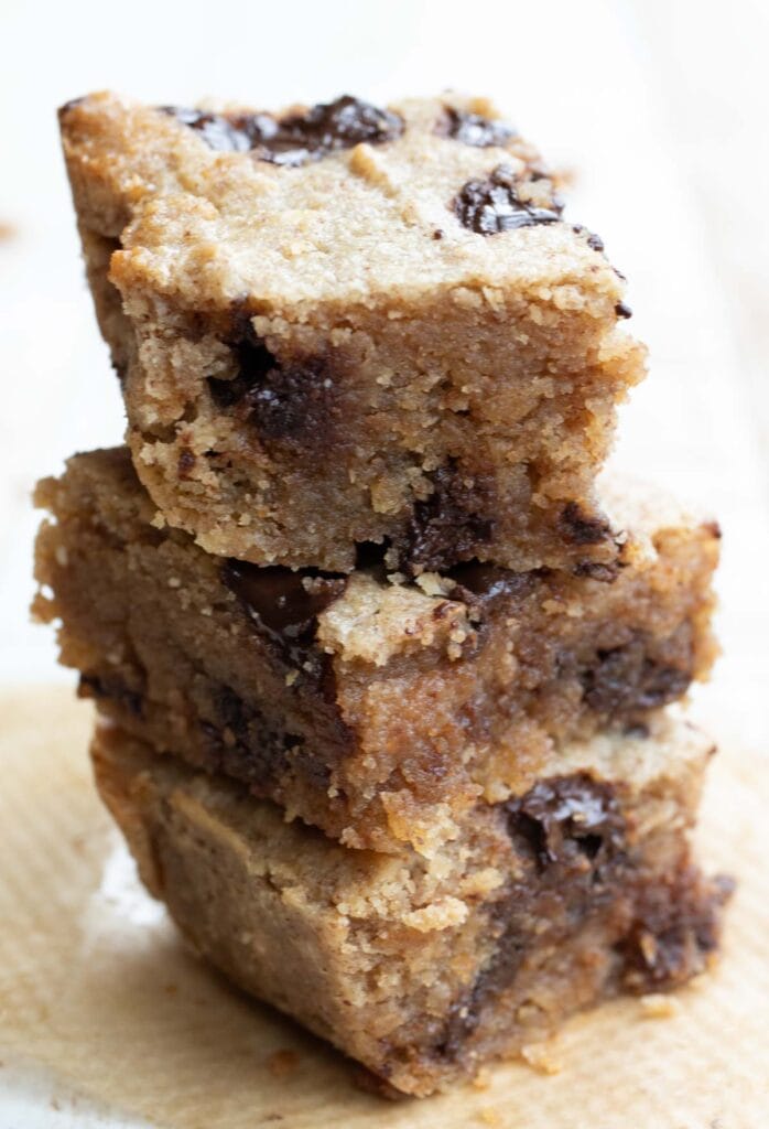 a stack of keto blondies with chocolate chips