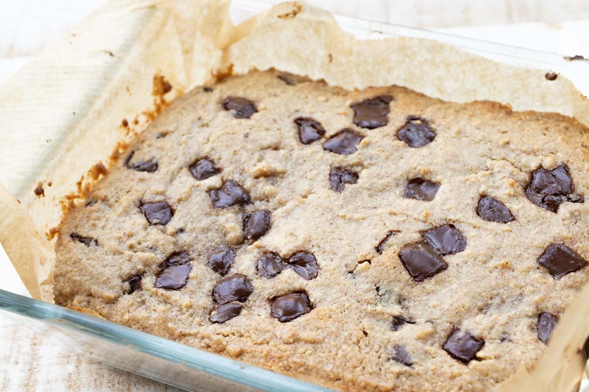 baked keto blondies in a casserole dish