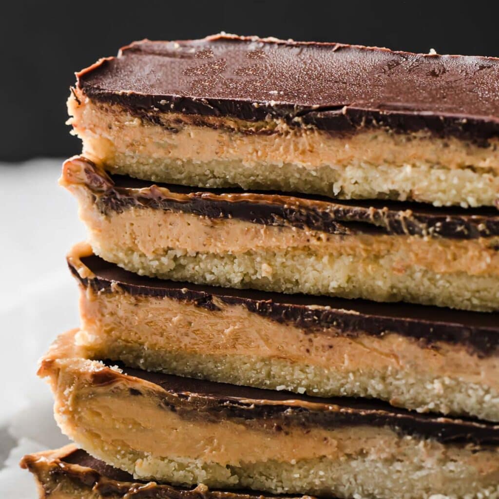 closeup of a stack of keto peanut butter bars