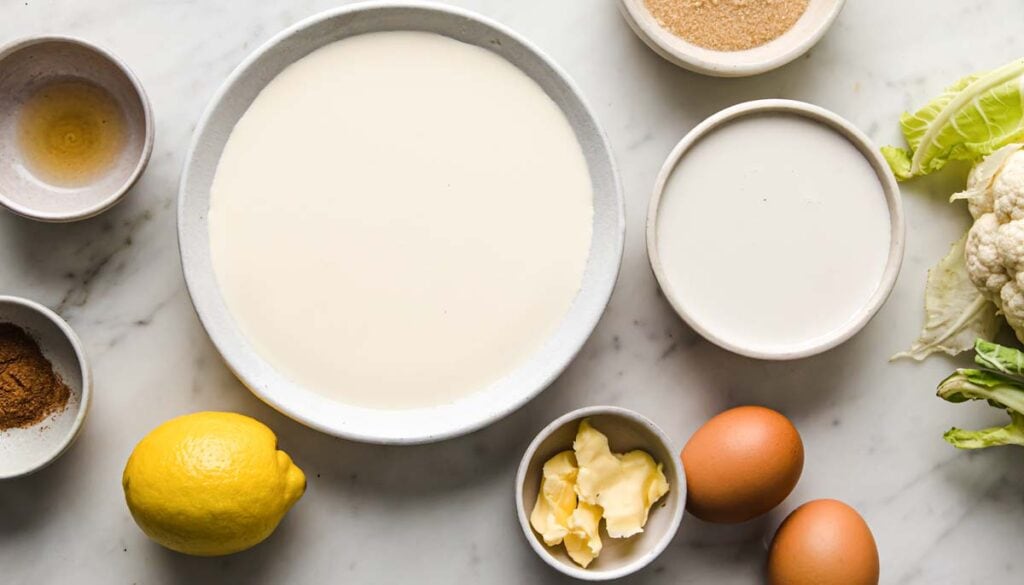 ingredients for keto rice pudding in bowls