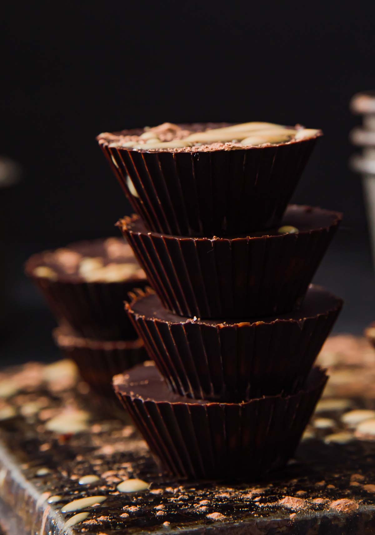 4 chocolate peanut butter cups stacked on top of each other