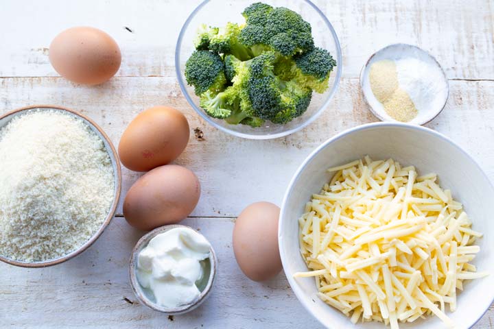 All ingredients for this recipe, from broccoli t shredded cheddar to eggs