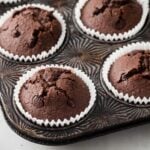 keto chocolate muffins in white paper cases in a metal baking pan