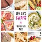 nine images of low carb foods such as bread, cauliflower rice and pizza that are low carb swaps for high carb foods