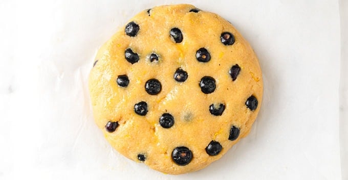 dough with blueberries shaped into a round disc