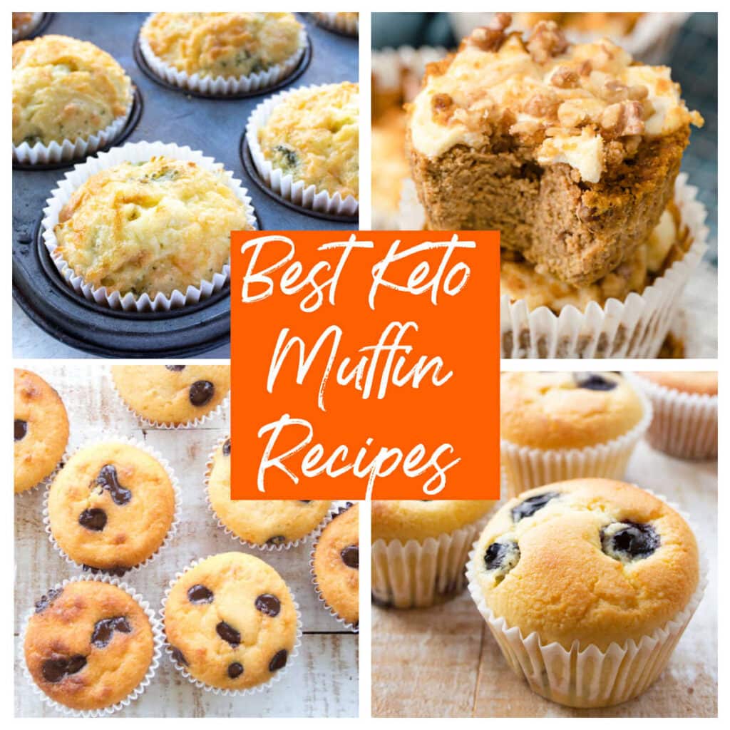 a collage of four different savoury and sweet keto muffin recipes