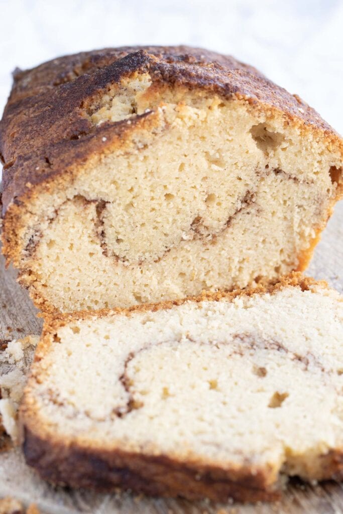 showing the cinnamon swirl on the inside of the cinnamon bread