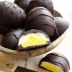 sugar free easter eggs made with chocolate and a mascarpone filling, one is sliced open showing the inside