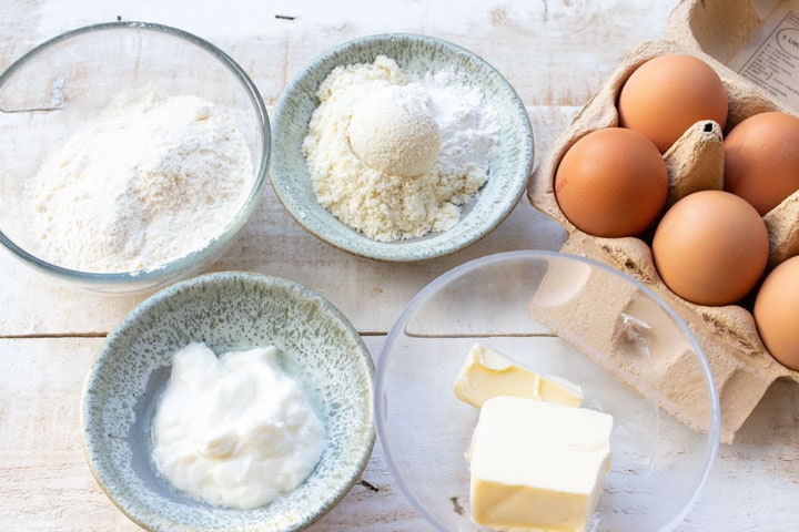 ingredients for coconut flour bread measured into bowls