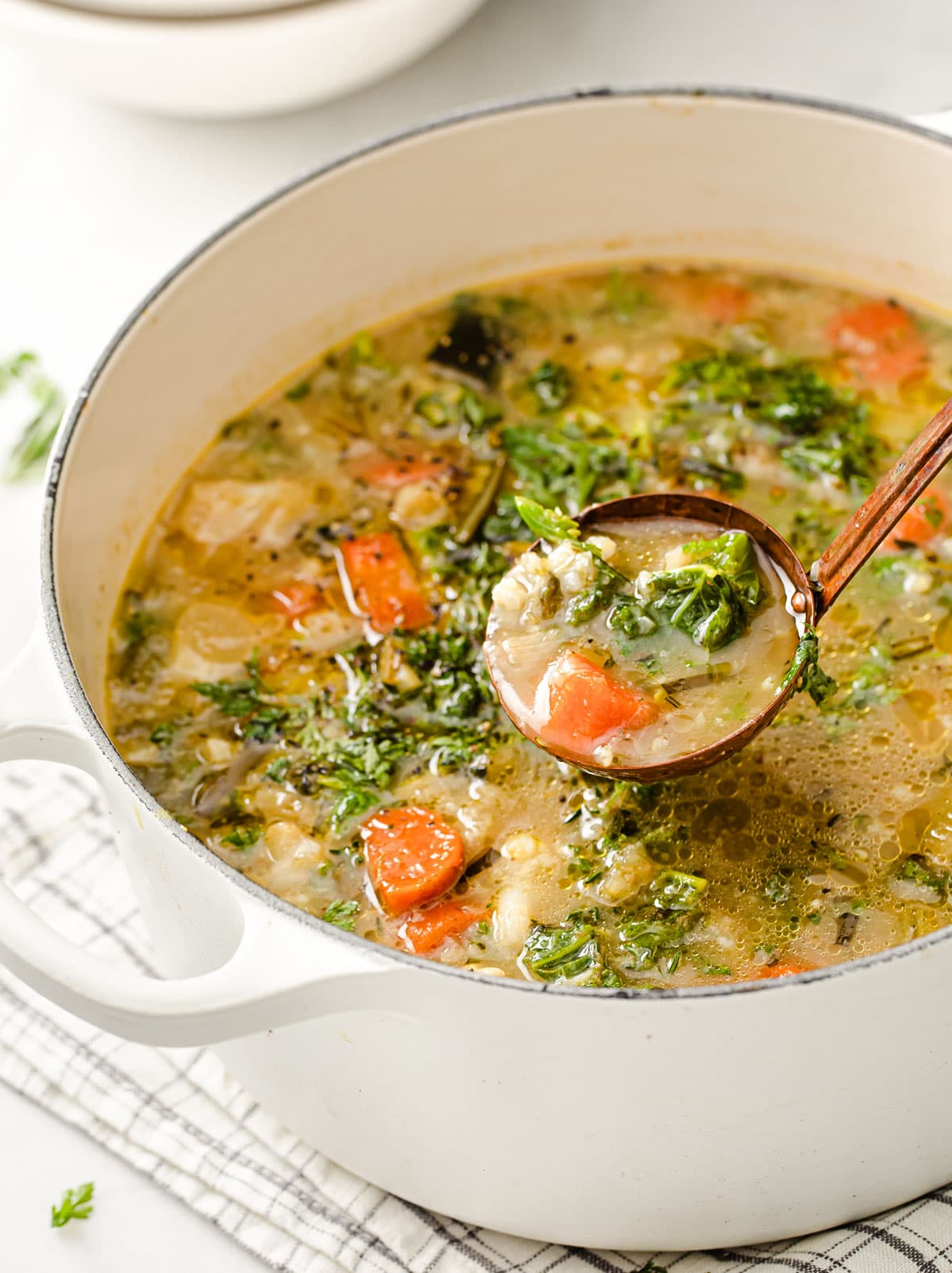 a pot with keto vegetable soup and a ladle