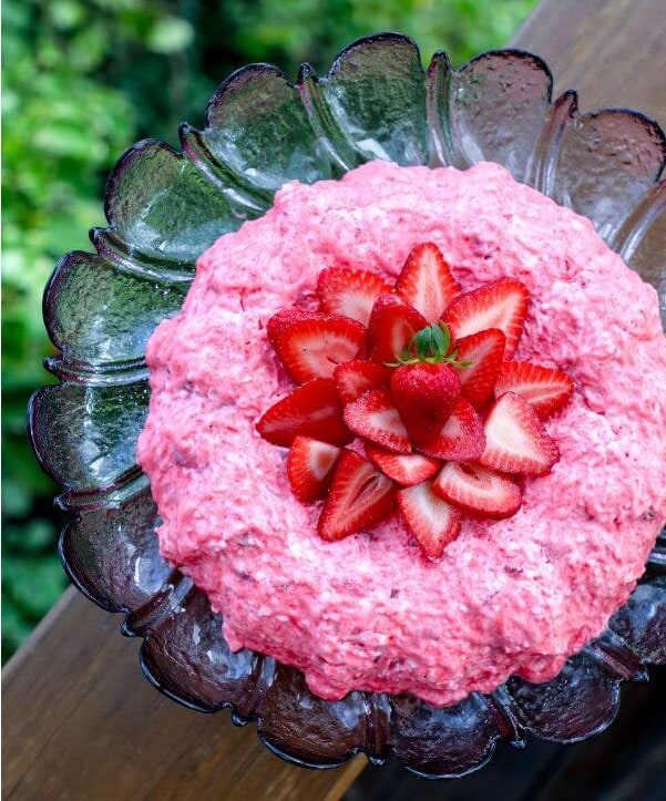 strawberry jello salad in a bowl