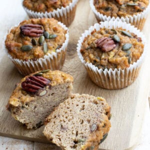 Morning glory muffins, the one in the front is sliced in half