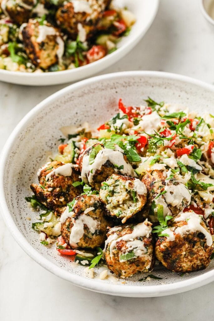 keto falafel on cauliflower tabbouleh