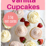 keto cupcakes with vanilla and strawberry frosting on a cake stand
