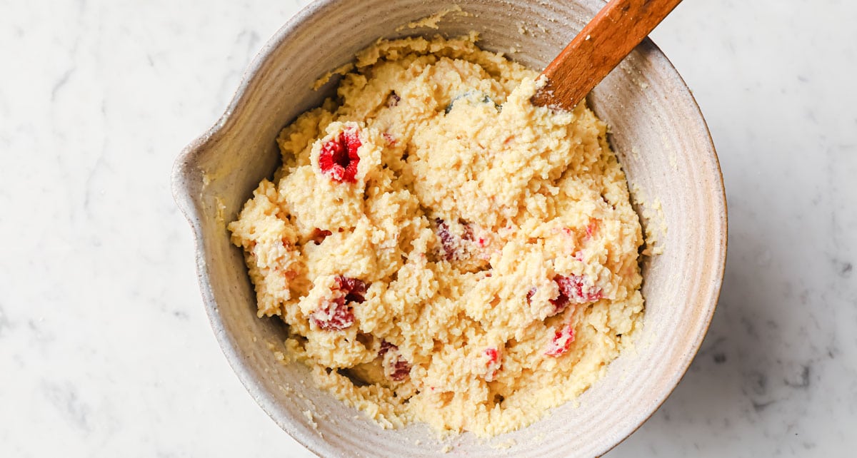 raspberries stirred into batter