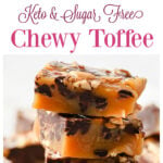 a stack of sugar free toffee squares and a pan with chocolate topped toffee