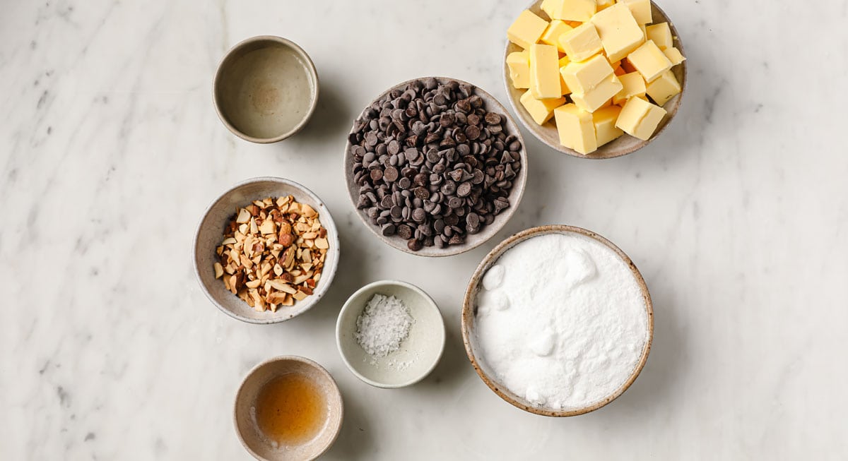 ingredients for keto toffee measured into bowls