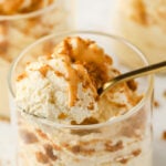 a pinterest pin collage with a spoon taking a spoonful of peanut butter mousse from a dessert cup