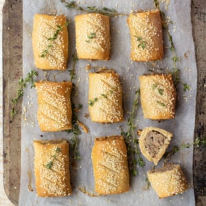 sausage rolls on a baking sheet