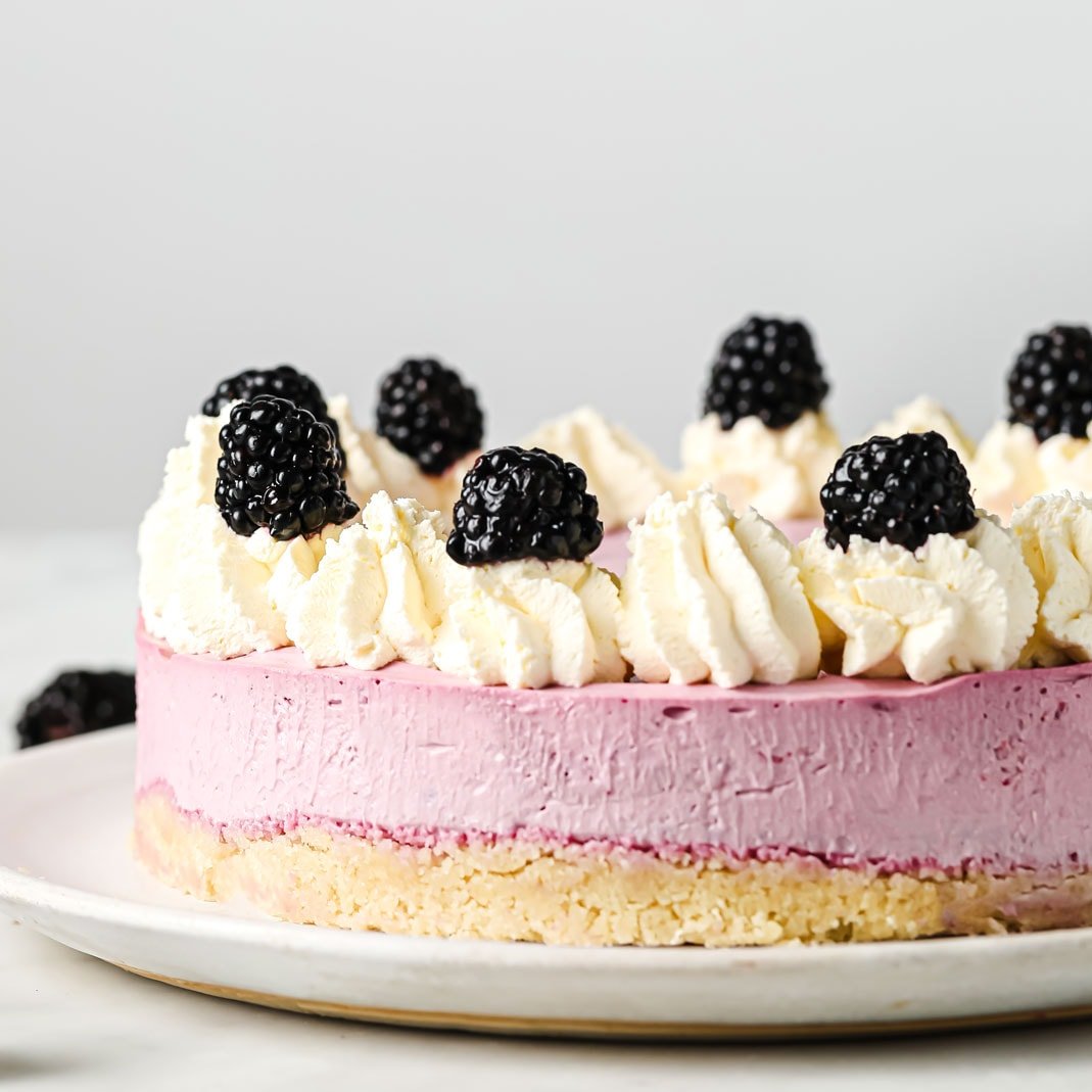 side view of a blackberry cheesecake